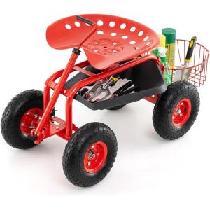 imageGiantex Garden Work Seat with Wheels 360 Degree Swivel Gardening Workseat with Storage Basket Adjustable Height Steering Handle Outdoor Garden Stool Cart for Planting Trimming BlueRed
