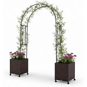 imageGiantex Metal Garden Arch Trellis Arbor with 2 SelfWatering Planter Boxes 80 L x 16 W x 91 H PECoated Archway with Lockable Rolling Wheels for Climbing Vines Yard Lawn Party DecorationsArched