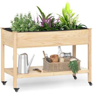 imageGiantex Mobile Raised Garden Bed Wood Planter Box with Wheels Storage Shelf amp Liner 47x23x33 Rolling Raised Bed for Indoor Outdoor Plants Vegetables Flower Herbs Fruit Gardening1