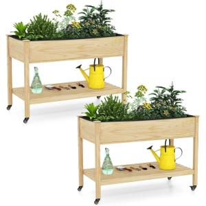imageGiantex Mobile Raised Garden Bed Wood Planter Box with Wheels Storage Shelf amp Liner 47x23x33 Rolling Raised Bed for Indoor Outdoor Plants Vegetables Flower Herbs Fruit Gardening2