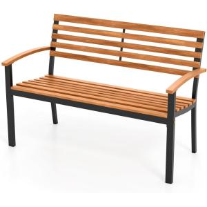 imageGiantex Outdoor Bench Acacia Wood Patio Loveseat with Slatted Backrest amp Seat Armrests Heavy Duty Metal Frame 800 lbs Capacity 2Person Garden Bench for Lawn Porch Yard and Park