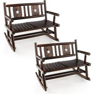 imageGiantex Outdoor Rocking Bench Patio Loveseat Rocker for 2 wErgonomic Back amp Log Arms Carbonized Fir Wood Frame Wooden Double Rocking Chair for Porch Garden 710 LB Capacity Rustic Brown 22