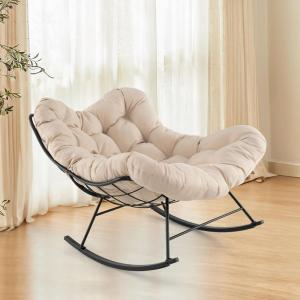 imageGiantex Outdoor Rocking Chair Indoor Oversized Egg Papasan Chair with Padded Cushion Patio Rocker Chair wMetal Frame for Porch Garden Backyard 450 lbs Capacity BeigeBeige