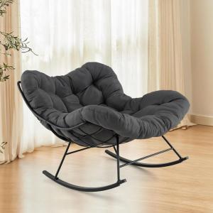 imageGiantex Outdoor Rocking Chair Indoor Oversized Egg Papasan Chair with Padded Cushion Patio Rocker Chair wMetal Frame for Porch Garden Backyard 450 lbs Capacity BeigeGrey