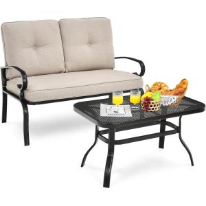 imageGiantex Patio Loveseat with Coffee Table Outdoor Bench with Cushion and Metal Frame Loveseat Porch Furniture Set Sofa for Garden Yard Patio or Poolside Deep Red amp BlackLight Beige  Black