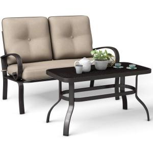 imageGiantex Patio Loveseat with Coffee Table Outdoor Bench with Cushion and Metal Frame Loveseat Porch Furniture Set Sofa for Garden Yard Patio or Poolside Deep Red amp BlackBeige  Black