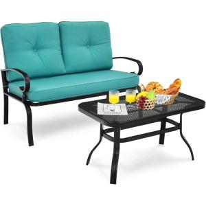imageGiantex Patio Loveseat with Coffee Table Outdoor Bench with Cushion and Metal Frame Loveseat Porch Furniture Set Sofa for Garden Yard Patio or Poolside Deep Red amp BlackTurquoise  Black
