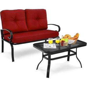 imageGiantex Patio Loveseat with Coffee Table Outdoor Bench with Cushion and Metal Frame Loveseat Porch Furniture Set Sofa for Garden Yard Patio or Poolside Deep Red amp BlackDeep Red  Black