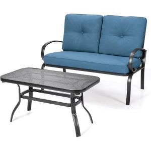 imageGiantex Patio Loveseat with Coffee Table Outdoor Bench with Cushion and Metal Frame Loveseat Porch Furniture Set Sofa for Garden Yard Patio or Poolside Deep Red amp BlackNavy  Black