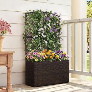 imageGiantex Raised Garden Bed with Trellis 58 Tall PE Rattan Planter Box wLiner amp Drainage Metal Frame Privacy Screen for Vertical Climbing Plants Vegetables amp Flowers Patio Balcony GardeningBrown