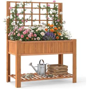 imageGiantex Raised Garden Bed with Trellis Wooden Elevated Planter Box with Legs Drainage Holes for Climbing Plants Vines Vegetables Flowers Herbs Outdoor Horticulture Planter for Patio Yard BrownBrown