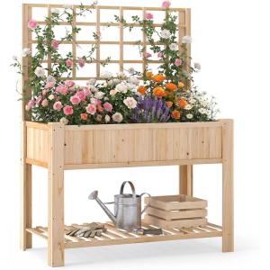 imageGiantex Raised Garden Bed with Trellis Wooden Elevated Planter Box with Legs Drainage Holes for Climbing Plants Vines Vegetables Flowers Herbs Outdoor Horticulture Planter for Patio Yard BrownNatural