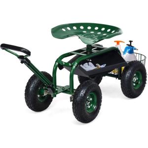 imageGiantex Rolling Garden Cart with Seat 4Wheel Gardening Workseat with Storage Basket Swivel Stool Adjustable Seat Steering Handle Garden Utility Cart Steel Frame GreenGreen