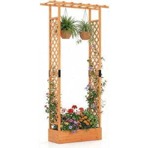 imageGiantex Wooden Raised Garden Bed with Trellis amp Hanging Roof Fir Wood Planter Box 45 Freestanding Elevated Garden Bed for Outdoor Climbing Plants Vegetables Flowers Patio amp Balcony NaturalOrange