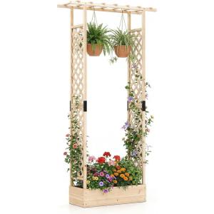imageGiantex Wooden Raised Garden Bed with Trellis amp Hanging Roof Fir Wood Planter Box 45 Freestanding Elevated Garden Bed for Outdoor Climbing Plants Vegetables Flowers Patio amp Balcony NaturalNatural