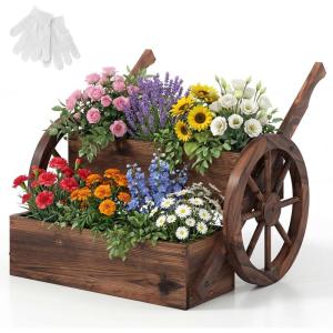 imageGiantex Wooden Wagon Planter Box Rustic Garden Planter with Wheels Handles amp Drainage Holes for Flowers Herbs Vegetables Indoor Outdoor Decorative Flower Cart for Patio Balcony 125L x 215W x 20H