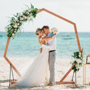 imageGiantex Wooden Wedding Arch 87 Wood Wedding Arbor Backdrop Stand with Ground Stakes Rustic Decorative Arch for Wedding Ceremony Party Garden Balloon amp Floral DecorationsHeptagon