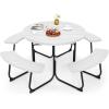 imageGiantex Picnic Table Set for Up to 8 Persons Round Outdoor Table and Bench Set with Umbrella Hole HDPE Top amp Metal Frame 2000LBS Capacity Patio Table Bench for Deck Backyard Garden GreenWhite