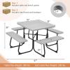 imageGiantex Picnic Table Set for Up to 8 Persons Round Outdoor Table and Bench Set with Umbrella Hole HDPE Top amp Metal Frame 2000LBS Capacity Patio Table Bench for Deck Backyard Garden GreenGrey