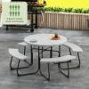 imageGiantex Picnic Table Set for Up to 8 Persons Round Outdoor Table and Bench Set with Umbrella Hole HDPE Top amp Metal Frame 2000LBS Capacity Patio Table Bench for Deck Backyard Garden GreenGrey