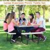 imageGiantex Picnic Table Set for Up to 8 Persons Round Outdoor Table and Bench Set with Umbrella Hole HDPE Top amp Metal Frame 2000LBS Capacity Patio Table Bench for Deck Backyard Garden GreenWhite