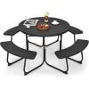 imageGiantex Picnic Table Set for Up to 8 Persons Round Outdoor Table and Bench Set with Umbrella Hole HDPE Top amp Metal Frame 2000LBS Capacity Patio Table Bench for Deck Backyard Garden GreenBlack