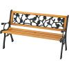 imageGiantex 495 3Person Outdoor Bench with Floral Pattern Backrest Slatted Seat 470 Lbs Weight Capacity Curved Armrests Cast Iron Metal Bench for Park Outside Patio Porch Yard Garden