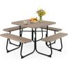 imageGiantex Picnic Table Set for Up to 8 Persons Round Outdoor Table and Bench Set with Umbrella Hole HDPE Top amp Metal Frame 2000LBS Capacity Patio Table Bench for Deck Backyard Garden GreenCoral Reef