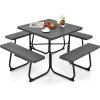 imageGiantex Picnic Table Set for Up to 8 Persons Round Outdoor Table and Bench Set with Umbrella Hole HDPE Top amp Metal Frame 2000LBS Capacity Patio Table Bench for Deck Backyard Garden GreenBlack