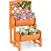 imageGiantex Raised Garden Bed with 2 Barrel Planters amp Trellis 2Tier Freestanding Wooden Raised Bed for Vegetable Flower Fruit Indoor Outdoor Plant Box for Garden Yard Balcony18Lx18Wx32H