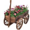 imageGiantex Wood Wagon Flower Planter Pot Stand WWheels Home Garden Outdoor DecorBrown