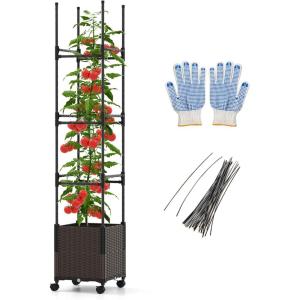 imageGiantex   Raised Garden Bed Planter Box with Trellis 87 Tomato Planter for Climbing Vegetables Flowers Vine Plant SelfWatering Tomato Cage with Wheels for Garden Patio Outdoor amp IndoorBrown