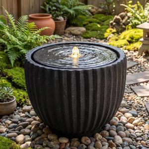 imageGiantex 18 Round Outdoor Water Fountain with 6 LED Lights Stone Gray Resin Sphere Waterfall Feature with Adjustable Pump Lighted Bubbling Fountain for Garden Patio Porch Decor 18 Dia x 95 H175 Dia X 14 H
