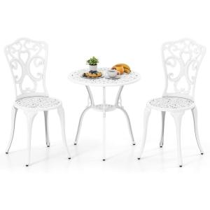 imageGiantex 3 Piece Bistro Set Cast Aluminum Porch Furniture Outdoor Patio Dining Table and Chairs with Umbrella Hole for Balcony Backyard Garden Poolside White Rose PatternVintage Victorian