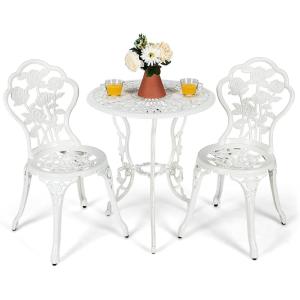 imageGiantex 3 Piece Bistro Set Cast Aluminum Porch Furniture Outdoor Patio Dining Table and Chairs with Umbrella Hole for Balcony Backyard Garden Poolside White Rose PatternWhite Rose Pattern