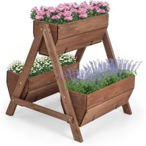 imageGiantex 3Tier Vertical Raised Garden Bed Wood Elevated Planter Box with Legs Storage Shelf Liners for Growing Vegetables Herbs Flowers Indoor Outdoor Freestanding Raised Bed for Patio Natural26x29x29