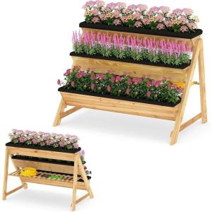 imageGiantex 3Tier Vertical Raised Garden Bed Wood Elevated Planter Box with Legs Storage Shelf Liners for Growing Vegetables Herbs Flowers Indoor Outdoor Freestanding Raised Bed for Patio Natural46x29x315
