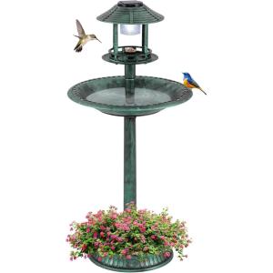 imageGiantex 42 inch Bird Bath Solar Lighted Pedestal Bird Bath with Bird Feeder Flower Planter Base Solar Powered Lamp 3 Ground Stakes Standing Birdbath for Outside Garden Yard Outdoor GreenGreen