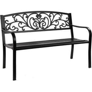 imageGiantex 50 Patio Garden Bench Loveseats Park Yard Furniture Black Steel Cast Iron Frame Chair Metal Bench Outdoor with Floral Scroll Pattern