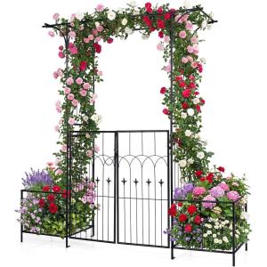imageGiantex Garden Arbor with Gate and Planter 79 W x 81 H Metal Arch Trellis with Double Doors Outdoor Archway for Climbing Plants Weddings Backyard Patio Lawn Ceremony Party Decoration79W x 81H
