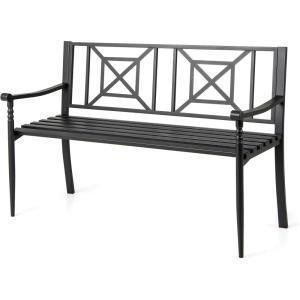 imageGiantex Metal Outdoor Bench with Backrest Curved Armrests NonSlip Foot Pads Slatted Seat for 23 Persons Load 660lbs Loveseat Patio Bench for Garden Yard Poolside Lawn Porch Park BlackBlack