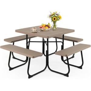 imageGiantex Picnic Table Set for Up to 8 Persons Round Outdoor Table and Bench Set with Umbrella Hole HDPE Top amp Metal Frame 2000LBS Capacity Patio Table Bench for Deck Backyard Garden GreenCoral Reef