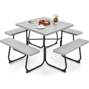 imageGiantex Picnic Table Set for Up to 8 Persons Round Outdoor Table and Bench Set with Umbrella Hole HDPE Top amp Metal Frame 2000LBS Capacity Patio Table Bench for Deck Backyard Garden GreenGrey