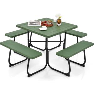imageGiantex Picnic Table Set for Up to 8 Persons Round Outdoor Table and Bench Set with Umbrella Hole HDPE Top amp Metal Frame 2000LBS Capacity Patio Table Bench for Deck Backyard Garden GreenGreen