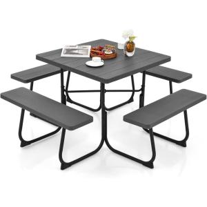imageGiantex Picnic Table Set for Up to 8 Persons Round Outdoor Table and Bench Set with Umbrella Hole HDPE Top amp Metal Frame 2000LBS Capacity Patio Table Bench for Deck Backyard Garden GreenBlack