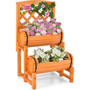 imageGiantex Raised Garden Bed with 2 Barrel Planters amp Trellis 2Tier Freestanding Wooden Raised Bed for Vegetable Flower Fruit Indoor Outdoor Plant Box for Garden Yard Balcony18Lx18Wx32H