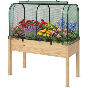 imageGiantex Raised Garden Bed with Cover Wood Elevated Planter Box with Legs amp Mini Greenhouse Waterproof SunProtective PE Green House Cover Outdoor Use for Fruit Vegetable Flower Herb WhiteGrayGreennatural