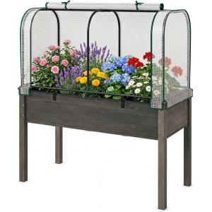 imageGiantex Raised Garden Bed with Cover Wood Elevated Planter Box with Legs amp Mini Greenhouse Waterproof SunProtective PE Green House Cover Outdoor Use for Fruit Vegetable Flower Herb WhiteGrayWhitegray