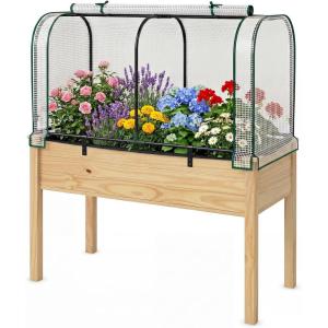 imageGiantex Raised Garden Bed with Cover Wood Elevated Planter Box with Legs amp Mini Greenhouse Waterproof SunProtective PE Green House Cover Outdoor Use for Fruit Vegetable Flower Herb WhiteGrayWhitenatural