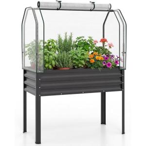 imageGiantex Raised Garden Bed with Legs amp Greenhouse Cover 44x22x60 Elevated Metal Planter Box with Rollup Door Outdoor Mini Greenhouse for Vegetable Flower Herb Patio Balcony Black2Black